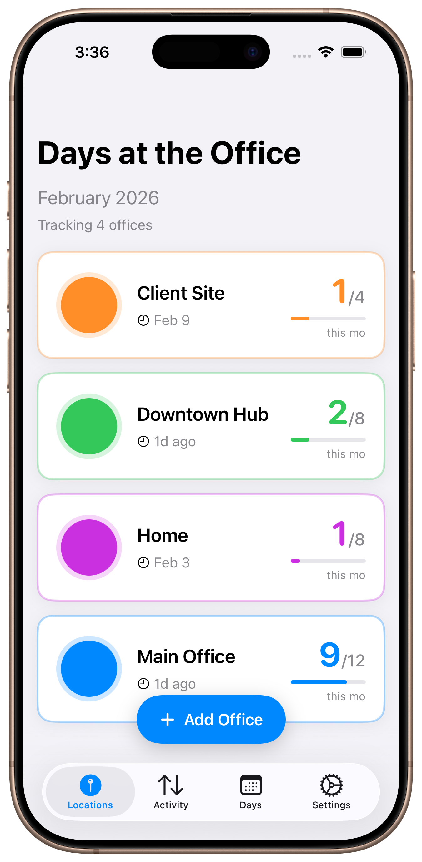 Days at the Office app showing office locations with attendance tracking — Main Office 9 of 12 days, Downtown Hub 2 of 8 days, Client Site 1 of 4 days